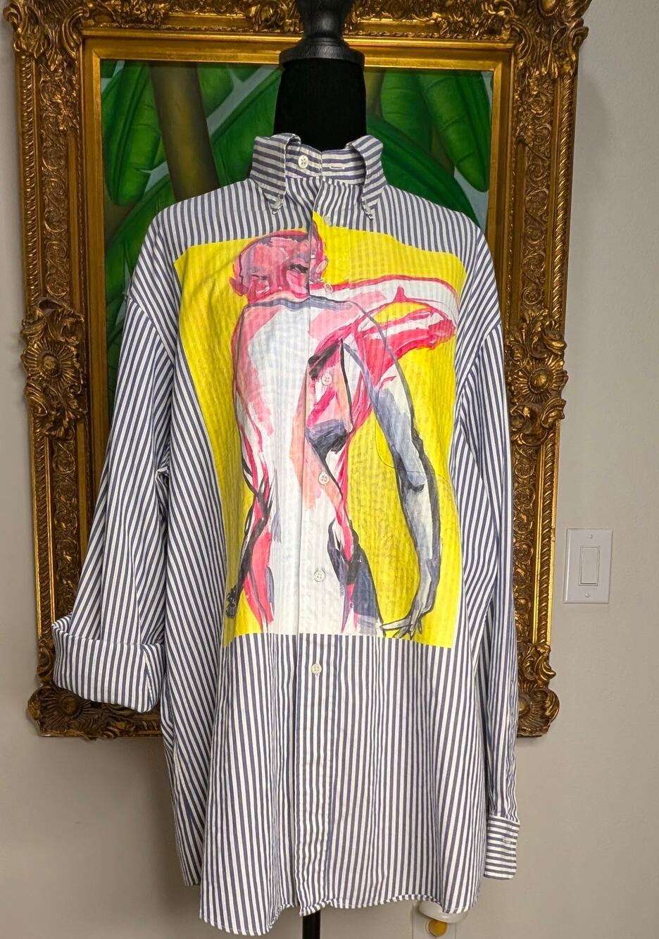 Hand Painted Expressionist Art Striped Oxford Shirt Mens XL Limited Edition 1/10